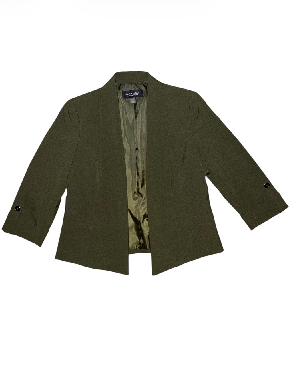 Black Label By Evan Picone Olive Green Open-Front Three Quarter Sleeve Blazer